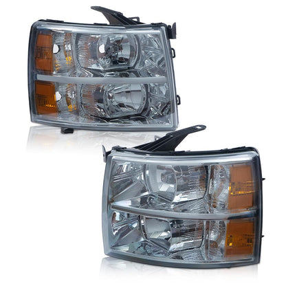 G-PLUS Headlights Assembly Fit Chevy Silverado 1500 2007-2013, Fit Chevy Silverado 2500 3500 & HD 2007-2014, Left & Right Headlamps Smoky Lens Chrome Housing Amber Reflector, faros delanteros