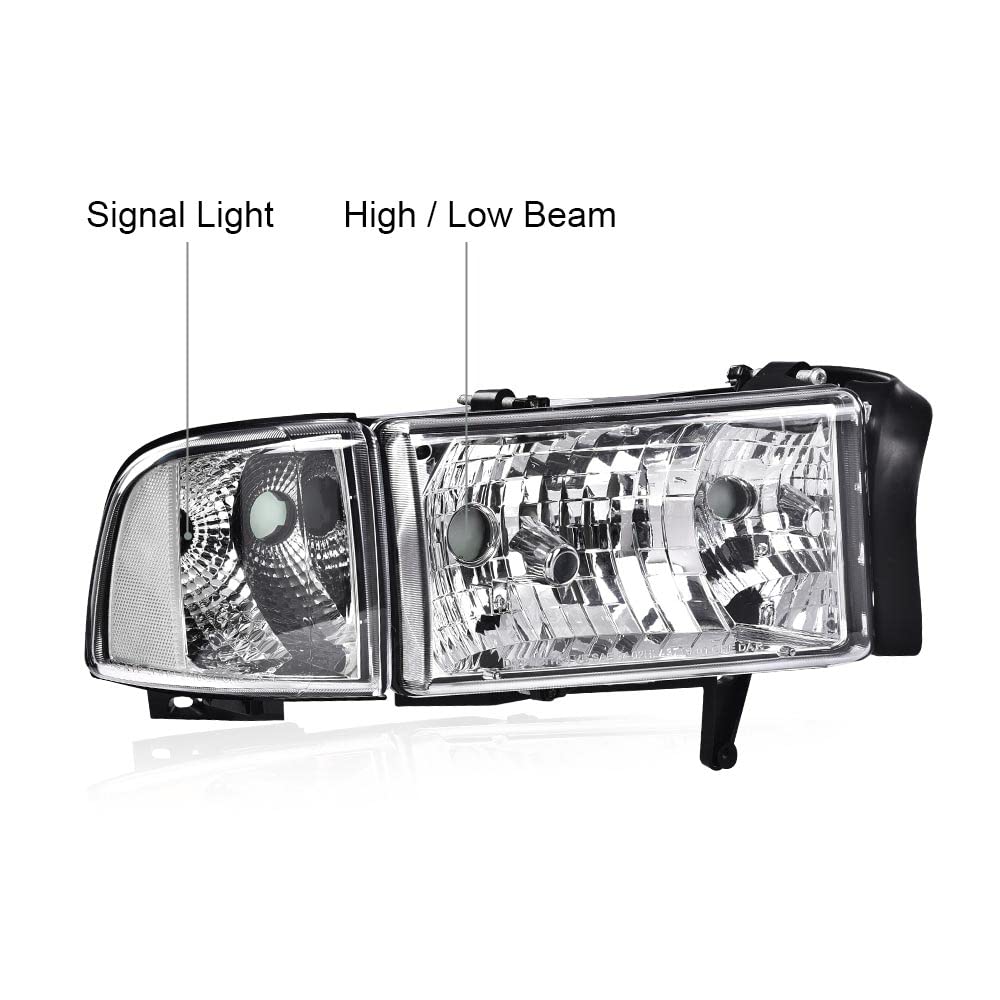 G-PLUS Headlights Fit Dodge Ram 1500 1994-2001/Fit Dodge Ram 2500 3500 1994-2002 Clear Lens Chrome Housing Clear Reflector Bumper Headlamps w/o Bulbs,faros delanteros Assembly