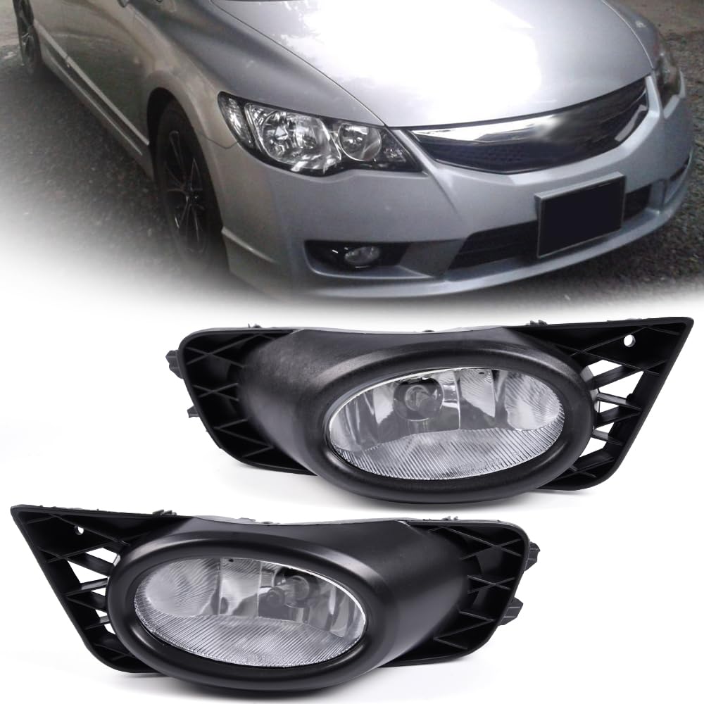 G-PLUS Fog Lights H11 12V 55W Halogen Lamp Compatible with 2009-2011 Honda Civic Sedan 4 Door with Bulbs & Wiring Harness & Switch Kit Real Glass Clear Lens