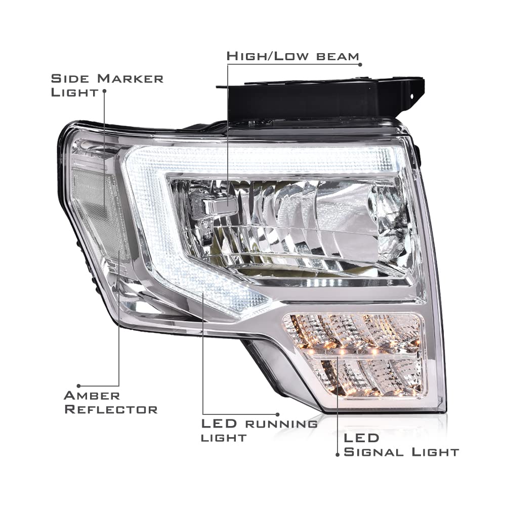 G-PLUS Headlights Assemblies LED Tube Compatible with Ford F150 2009-2014 Headlamps Driver Side & Passenger Side Clear Lens Chrome Housing Clear Reflector