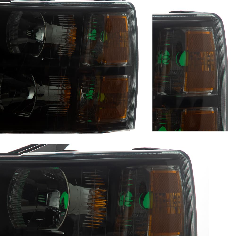 G-PLUS LED Headlights Assembly Fit Chevy Silverado 1500 2007-2013, Fit Chevy Silverado 2500 HD 3500 HD 2007-2014, Left & Right Headlamps Smoky Lens Black Housing Amber Reflector, faros delanteros