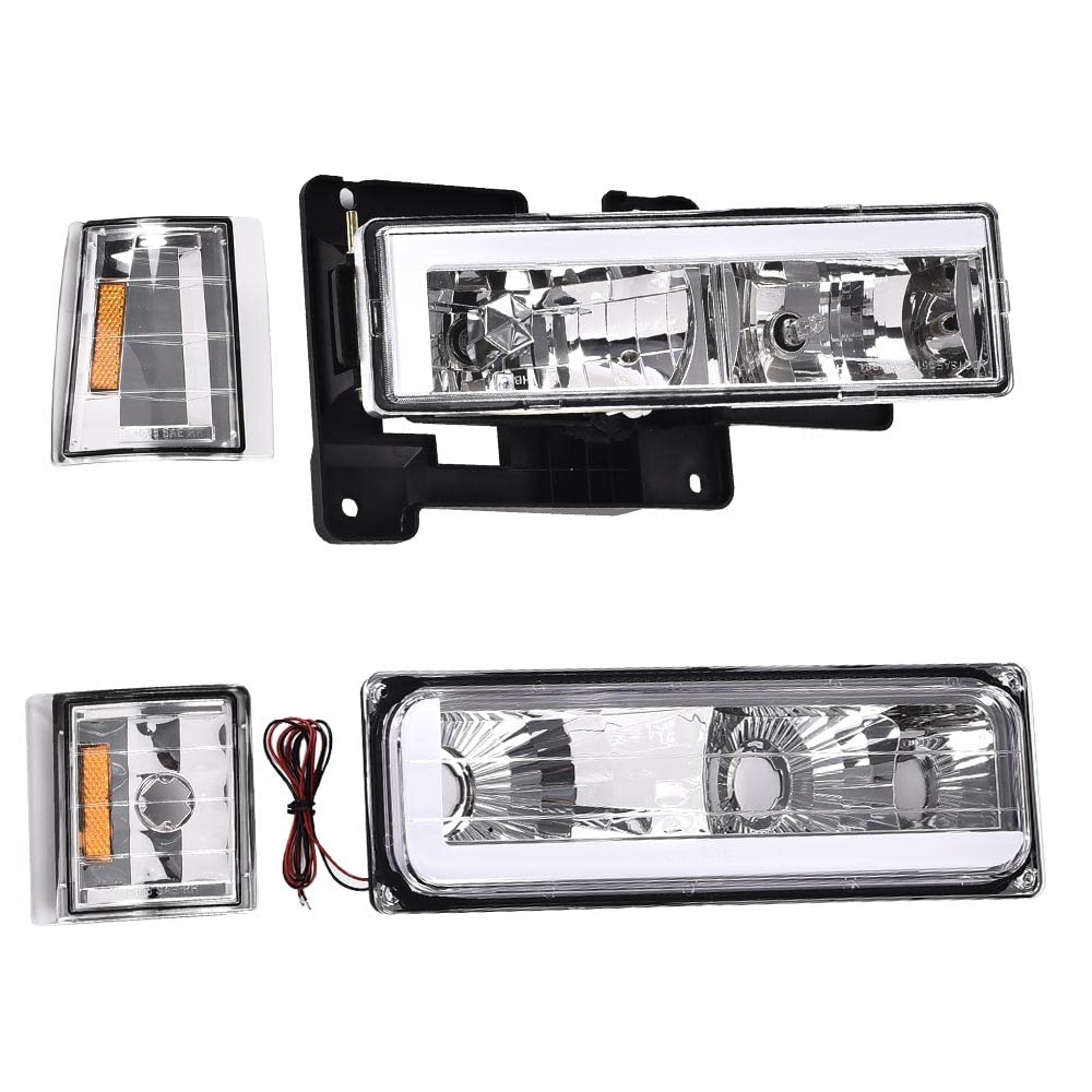 G-PLUS LED Headlights Assembly w/Bulbs Fit GMC C1500 K1500 Yukon 1994-1999, Fit GMC C2500 C3500 K2500 K3500 1994-2000, Left & Right Headlamps Assembly, Clear Lens Chrome Housing Amber Reflector