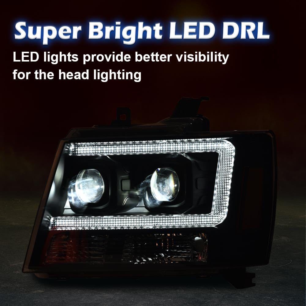 G-PLUS LED Headlights Assembly Fit Chevy Tahoe Avalanche Subarban 1500 2500 2007-2014 DRL Corner Turn Signal Headlamps Set Pair Left & Right Clear Lens Black Housing Amber Reflector,faros delanteros