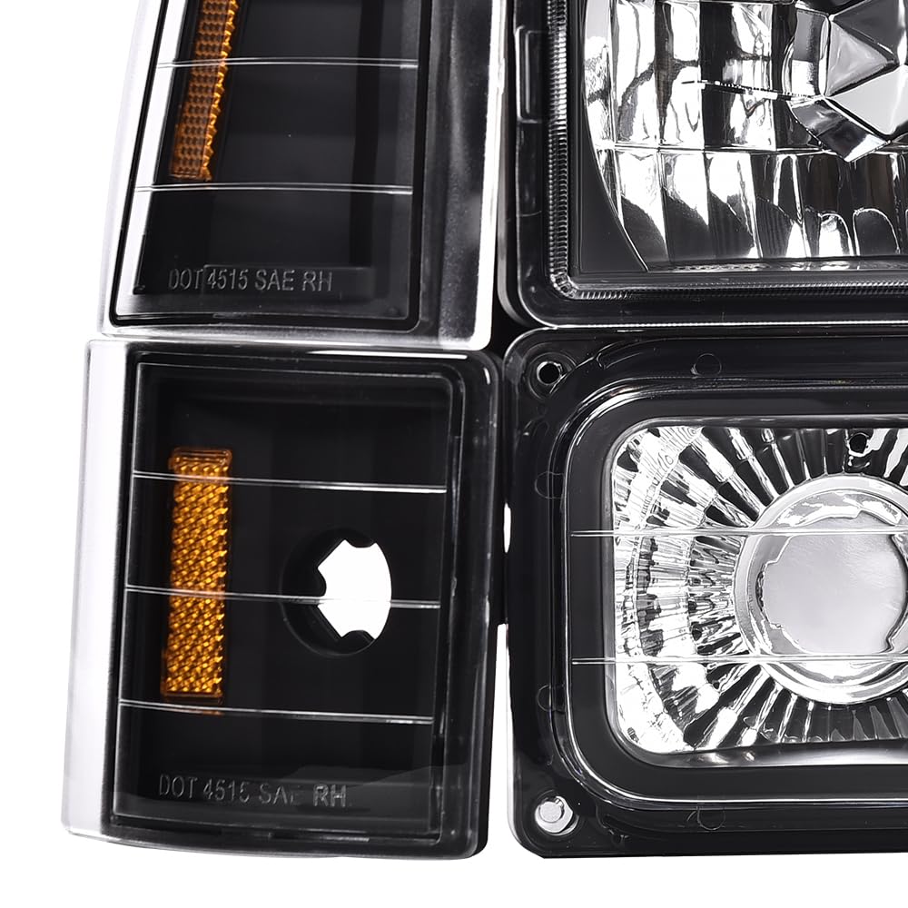 G-PLUS Headlights Assembly w/Bulbs Fit Chevy Suburban C1500 C2500 K1500 K2500 1994-1999, Fit GMC C2500 K2500 1994-2000, Left & Right Headlamps Assembly, Clear Lens Black Housing Amber Reflector