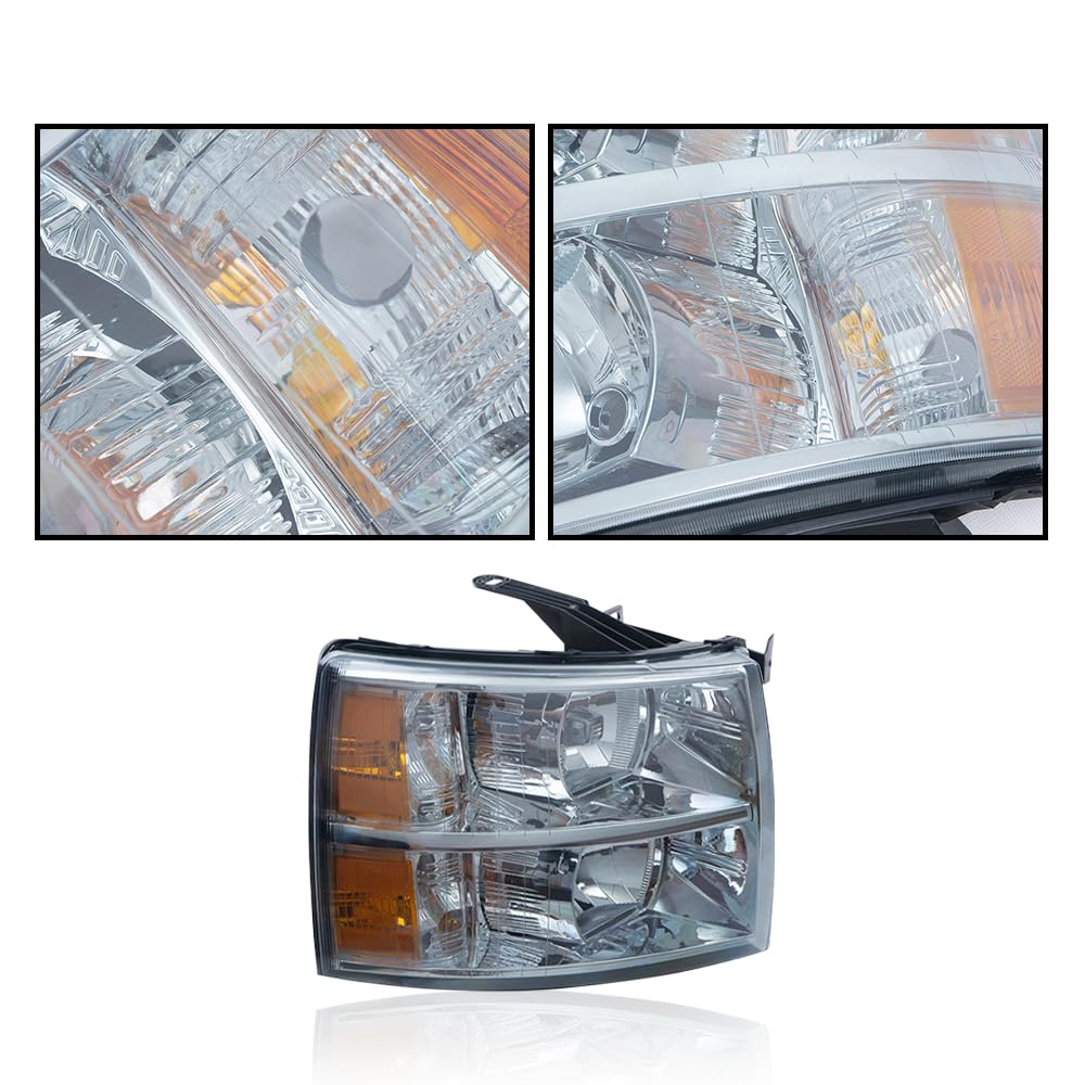 G-PLUS Headlights Assembly Fit Chevy Silverado 1500 2007-2013, Fit Chevy Silverado 2500 3500 & HD 2007-2014, Left & Right Headlamps Smoky Lens Chrome Housing Amber Reflector, faros delanteros