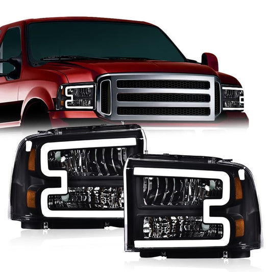 G-PLUS LED DRL Headlights Assembly, Fit For 2005 2006 2007 Ford F250 F350 F450 F550 Super Duty/Fit Ford Excursion 2005 Headlamps Driver and Passenger Side, Clear lens Black Housing Amber Reflector