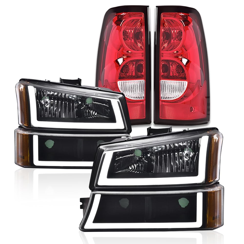 G-PLUS LED Headlights Assembly & Tail Lights Fit Chevy Silverado 1500 1500 HD 2500 2500 HD 2003-2006, Clear Lens Black Housing Amber Reflector Headlamps Assembly Red Taillights