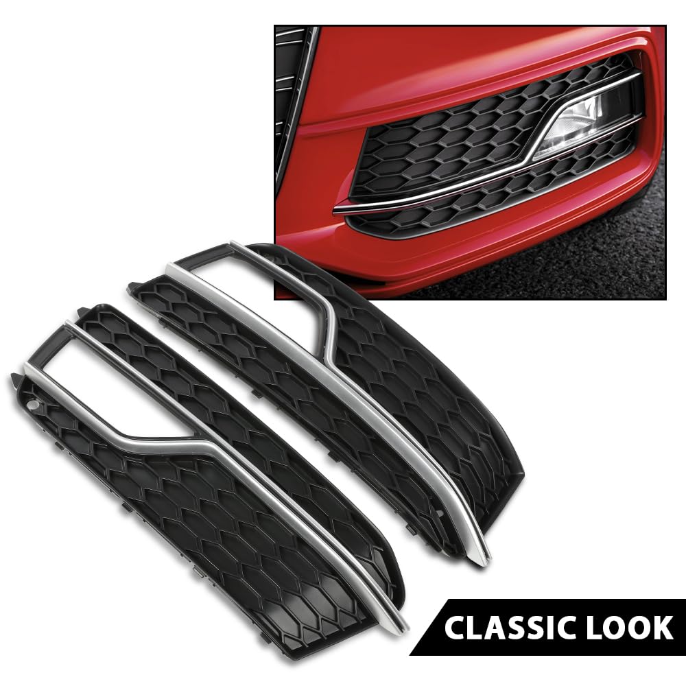 G-PLUS Front Bumper Fog Light Grille Grill Cover Black with Silver Ring Compatible with 2013-2016 Audi A5 S-Line/S5 (Facelift | LCI)/ Fit for First Generation/NOT Fit models with standard/RS bumper