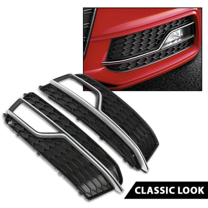 G-PLUS Front Bumper Fog Light Grille Grill Cover Black with Silver Ring Compatible with 2013-2016 Audi A5 S-Line/S5 (Facelift | LCI)/ Fit for First Generation/NOT Fit models with standard/RS bumper