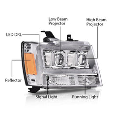 G-PLUS LED Tube Dual Projector Headlights for Chevy Tahoe Suburban 2007-2014 Clear Chrome Amber Front View