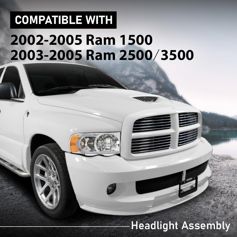 G-PLUS LED Headlights Headlamps Compatible with Dodge Ram 1500 2002-2005,Compatible with Dodge Ram 2500 3500 2003-2005 Chrome Clear Lens Clear Housing Amber Reflector,faros delanteros Assembly