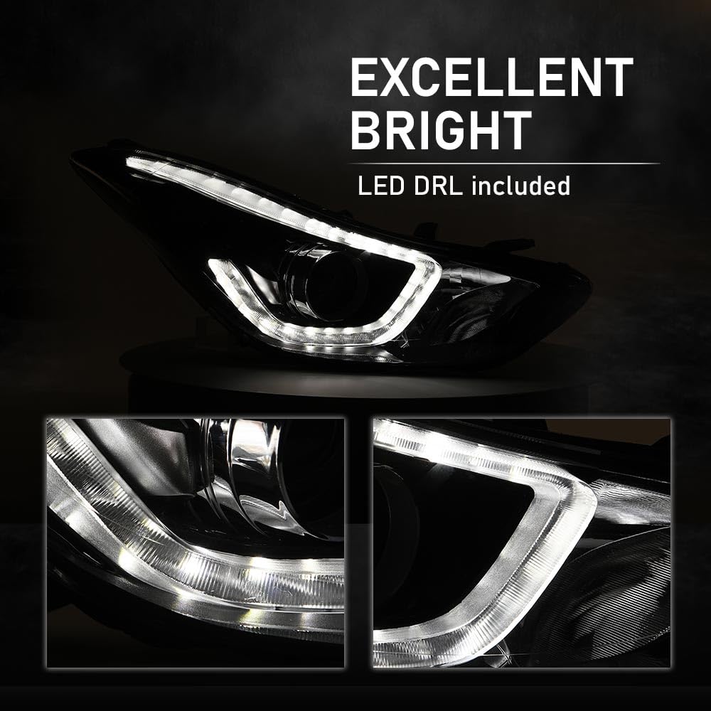 G-PLUS LED Projector DRL Headlights Left & Right Fit Hyundai Elantra 2014 2015 2016 Headlamps Assembly, Clear Lens Black Housing Amber Reflector, faros delanteros