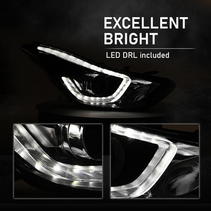 G-PLUS LED Projector DRL Headlights Left & Right Fit Hyundai Elantra 2014 2015 2016 Headlamps Assembly, Clear Lens Black Housing Amber Reflector, faros delanteros