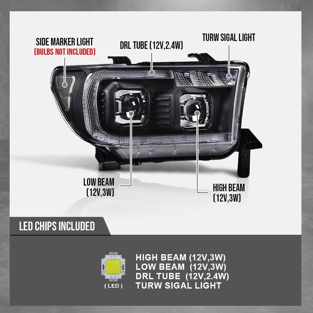 G-PLUS LED Tube Projector Headlights Assembly Compatible with Toyota Tundra 2007-2013, Fit Toyota Sequoia 2008-2017 Left & Right Headlamps, Clear Lens Black Housing Clear Reflector, TO2502171