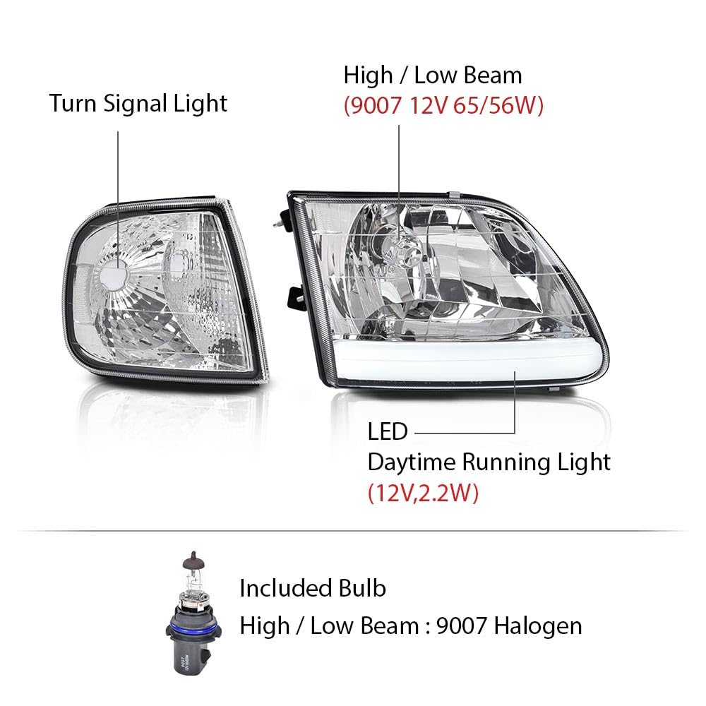 G-PLUS LED DRL Headlights & Corner Parking Lights Compatible with Ford Expedition 1997-2002/Fit Ford F150 1998-2003 Bumper Headlamps Left & Right Clear Lens Chrome Housing Clear Reflector