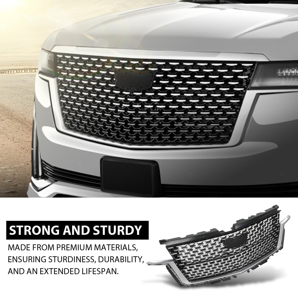 G-PLUS Bumper Grille Front Compatible with Cadillac Escalade 2021-2023 84699839 Chrome Black Plastic