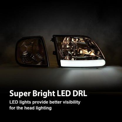 G-PLUS LED DRL Headlights & Corner Parking Lights Compatible with Ford Expedition 1997-2002, Fit Ford F150 1998-2003 Bumper Left & Right Headlamps Clear Lens Chrome Housing Clear Reflector