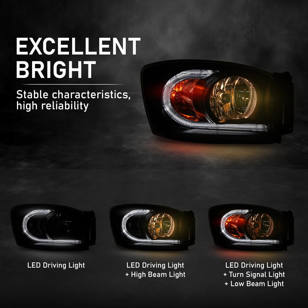 G-PLUS LED Headlights Assembly Front Headlamps Pair Set Compatible with Dodge Ram 1500 2006-2008,Compatible with Dodge Ram 2500 3500 2006-2009 Clear Lens Black Housing Clear Reflector,faros delanteros