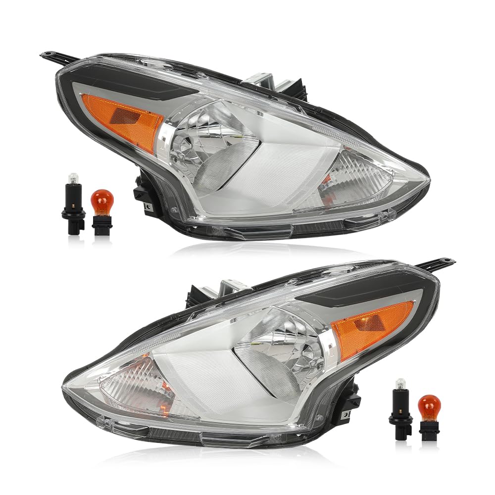 G-PLUS Headlights Assembly Compatible with Nissan Versa 2015-2019 Headlamps w/Bulbs 2Pc Pair Left & Right Side Halogen Clear Lens Chrome Housing Amber Reflector,faros delanteros