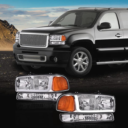 G-PLUS LED Headlights Assembly Fit GMC Sierra 1500HD 2500HD 3500 1999-2007/Fit GMC Yukon XL 1500 2500 1999-2006,Headlamps Clear Lens Chrome Housing Amber Reflector,faros delanteros