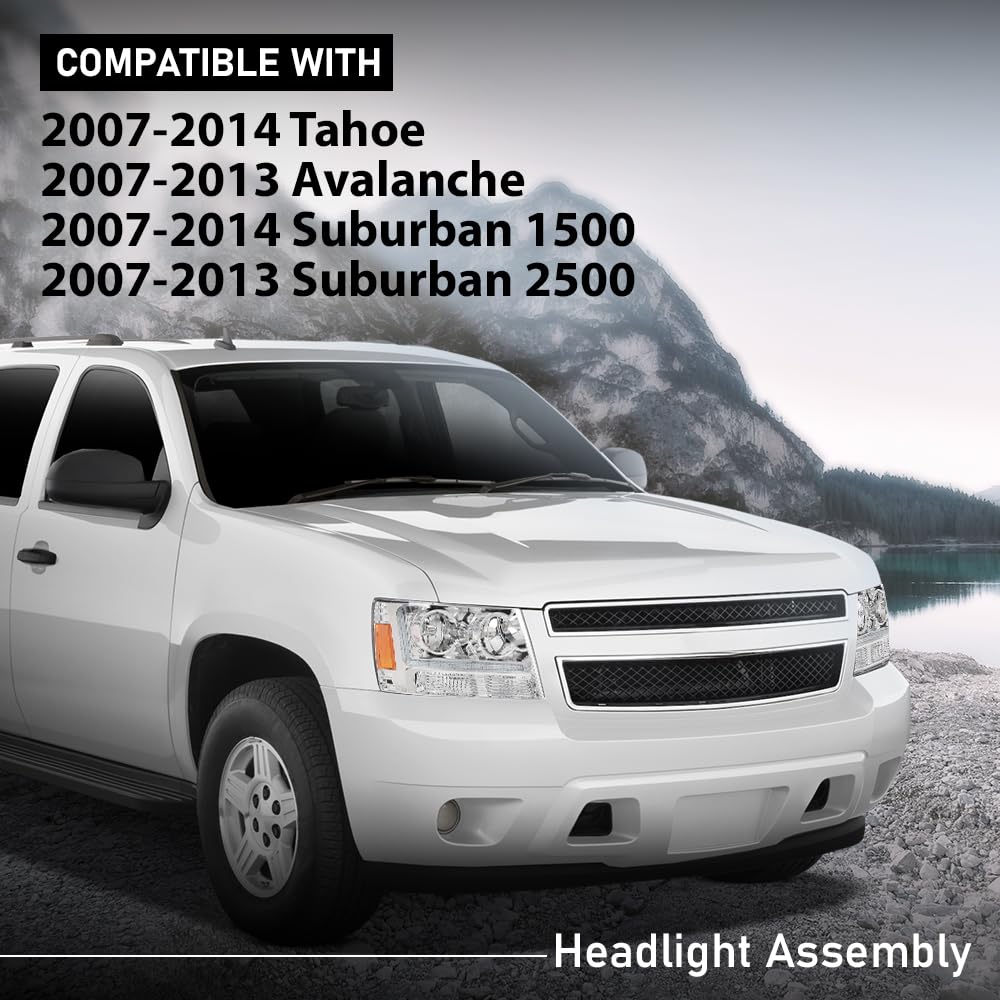G-PLUS LED Headlights Assembly Front Headlamps Fit Chevy Tahoe Suburban 1500 2007-2014,Fit Chevy Avalanche Suburban 2500 2007-2013 Clear Lens Chrome Housing Amber Reflector,faros delanteros