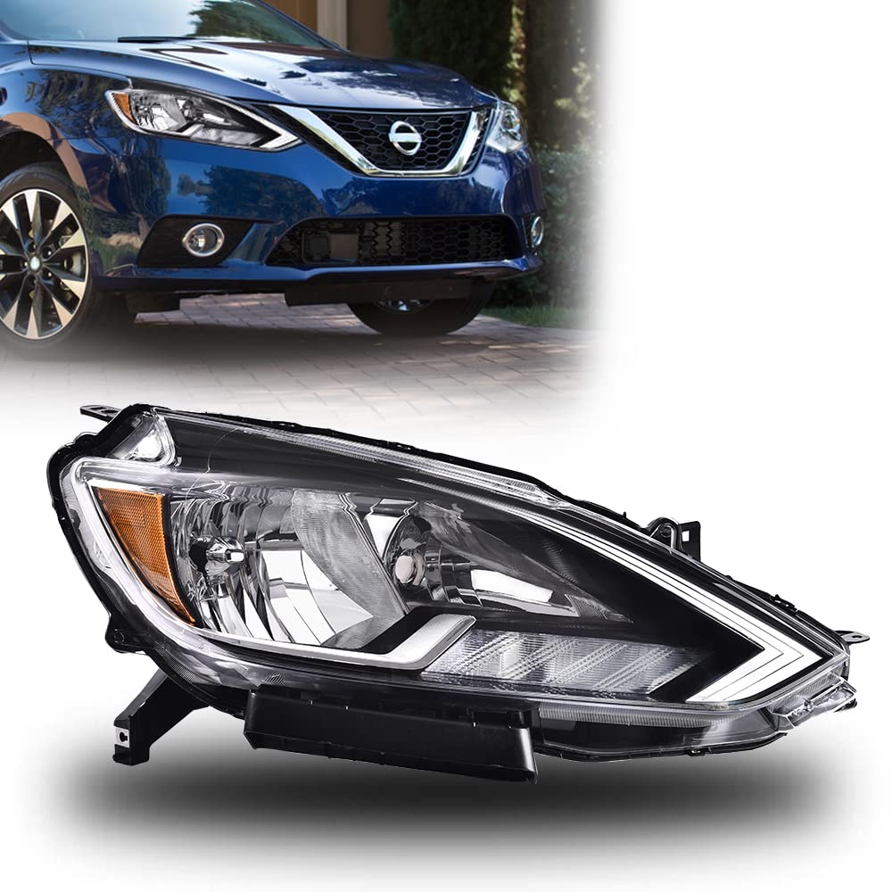 G-PLUS Headlights Assembly Fit 2016-2018 Nissan Sentra 4-Door Sedan S SL SR SV, (ONLY For Factory Halogen Models),Headlamps Black Housing, Passenger Side (Right),faros delanteros