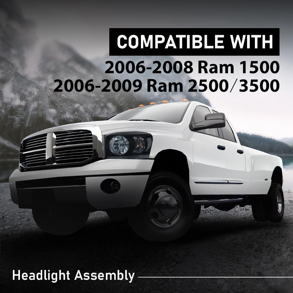G-PLUS Headlights Assembly w/Bulbs Light Bar Left and Right Side Compatible with Dodge Ram 1500 2006-2008/Fit Dodge Ram 2500 3500 2006-2009 Smoke Lens Black Housing Clear Reflector