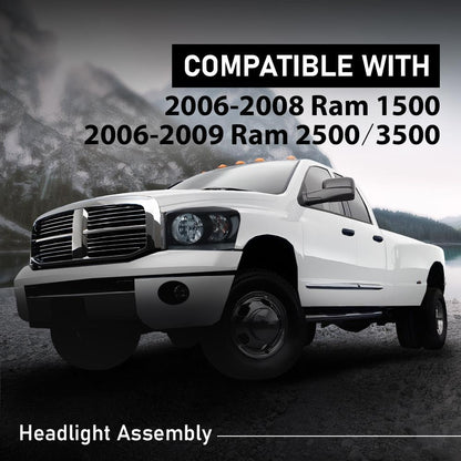G-PLUS Headlights Assembly w/Bulbs Light Bar Left and Right Side Compatible with Dodge Ram 1500 2006-2008/Fit Dodge Ram 2500 3500 2006-2009 Smoke Lens Black Housing Clear Reflector