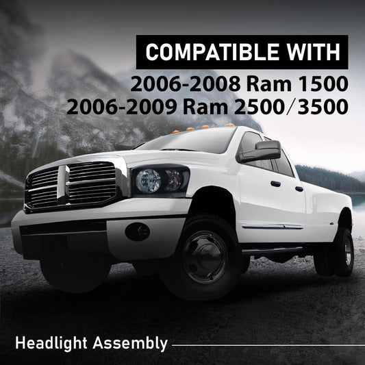 G-PLUS Headlights Assembly w/Bulbs Light Bar Left and Right Side Compatible with Dodge Ram 1500 2006-2008/Fit Dodge Ram 2500 3500 2006-2009 Smoke Lens Black Housing Clear Reflector