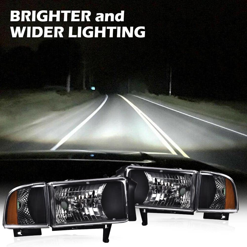 G-PLUS Headlights, Fit 1994-2001 Dodge Ram 1500/1994-2002 Ram 2500 3500,Not fit Ram Sport, Headlamps Clear Lens Black Housing Amber Reflector w/o Bulbs Bumper Headlamps,faros delanteros Assembly