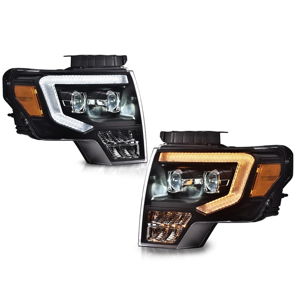 G-PLUS LED DRL Headlights & Tail Lights Compatible with 2009-2014 Ford F150 Tube Dual Projector Headlamps Assembly (Clear Lens Black Housing Amber Reflector Headlamps + Tail Lights)