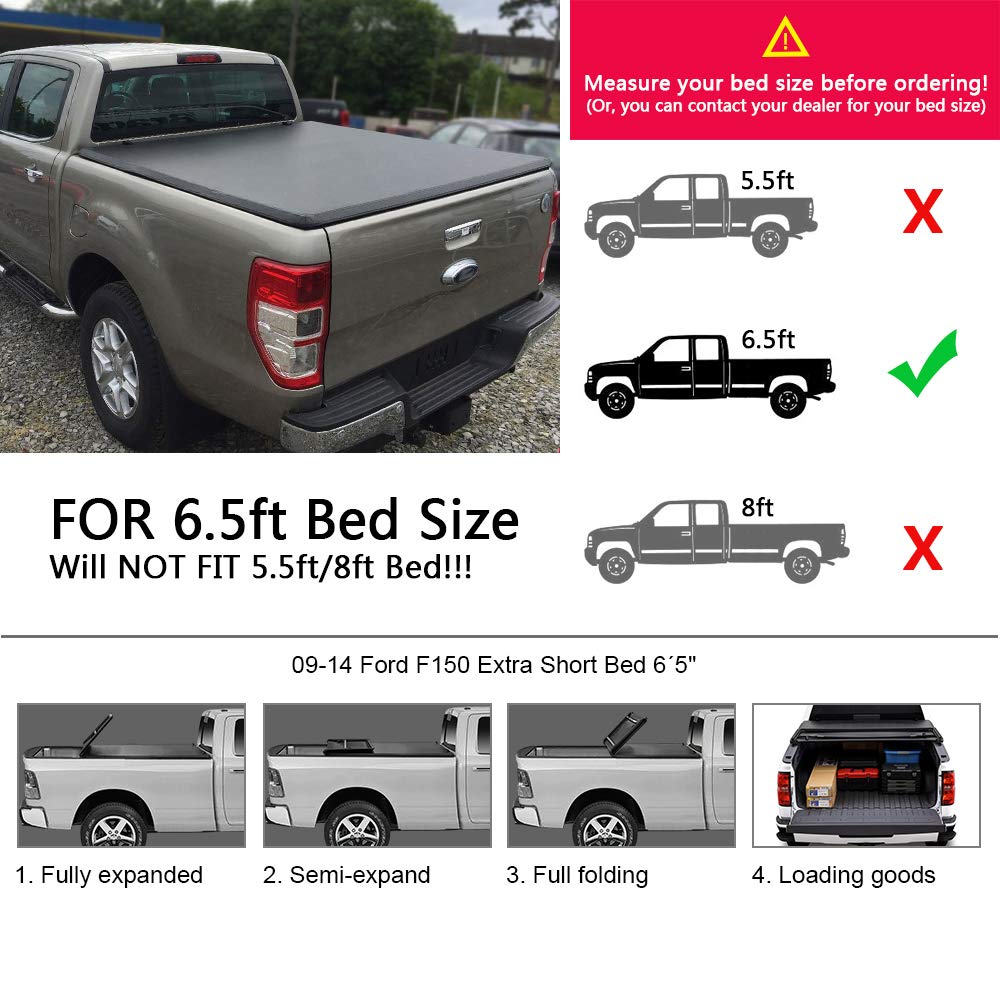 G-PLUS 6.5ft Short Bed 4 Fold Tonneau Cover Compatible with 2009 2010 2011 2012 2013 2014 Ford F150 Black