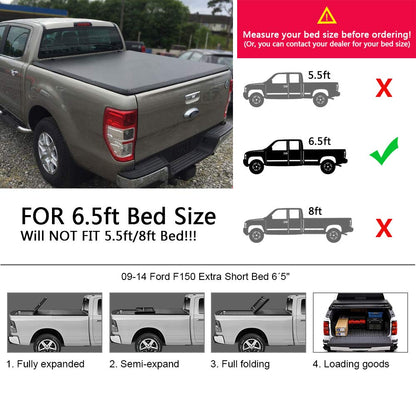 G-PLUS 6.5ft Short Bed 4 Fold Tonneau Cover Compatible with 2009 2010 2011 2012 2013 2014 Ford F150 Black