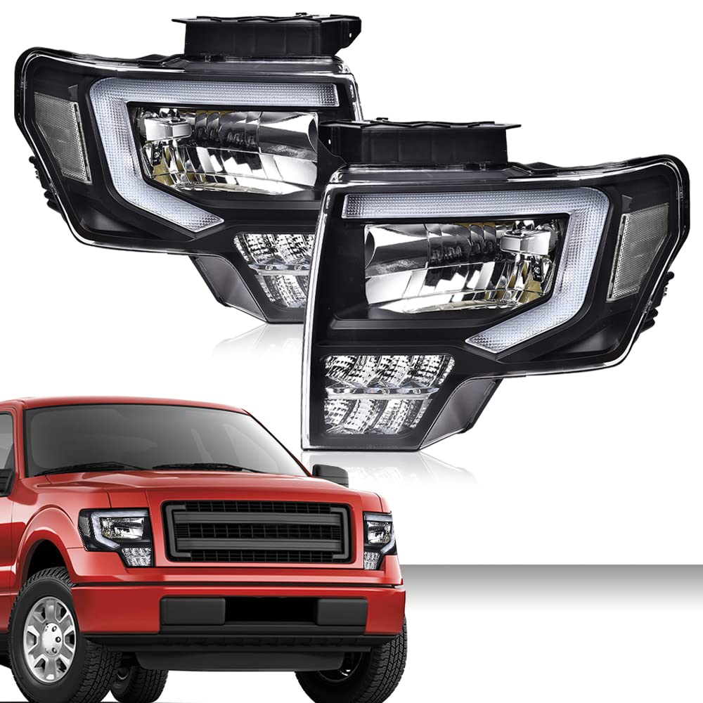 G-PLUS Headlights Assemblies LED Tube Compatible with Ford F150 2009-2014 Headlamps Driver Side & Passenger Side Clear Lens Black Housing Clear Reflector,faros delanteros