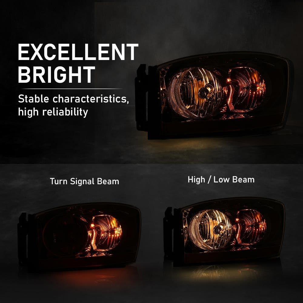 G-PLUS Headlights Assembly w/Bulbs Light Bar Left and Right Side Compatible with Dodge Ram 1500 2006-2008/Fit Dodge Ram 2500 3500 2006-2009 Clear Lens Chrome Housing Amber Reflector Faro