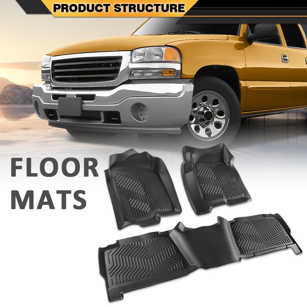 TPE Floor Mats 3PCS, Compatible with Chevy Silverado/GMC Sierra 1500 Crew Cab 1999-2006, Floor & 2nd Row, Floor Liners Interior Accessories All Weather Full Cover Protection