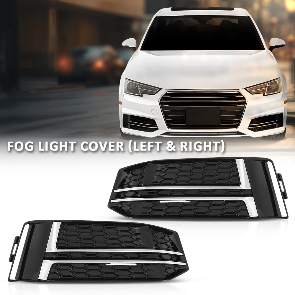 G-PLUS Pair Front Fog Light Cover Bumper Grille Bezel, Compatible with Audi S4 / A4 B9 S-LINE 2016-2018, LH Driver & RH Passenger 2PCS, 8W0807681F, 8W0807682F