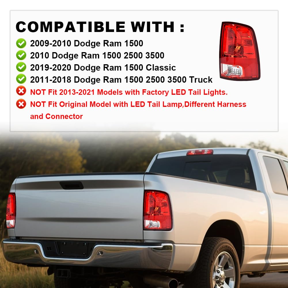 G-PLUS Red Lens Tail Lights Red Lens w/o Bulbs Compatible with Dodge Ram 1500 2009-2018(Not Fit 2013-2018 Models w/Factory LED Tail Lights) Rear Passenger Right Side CH2819124,55277415AC