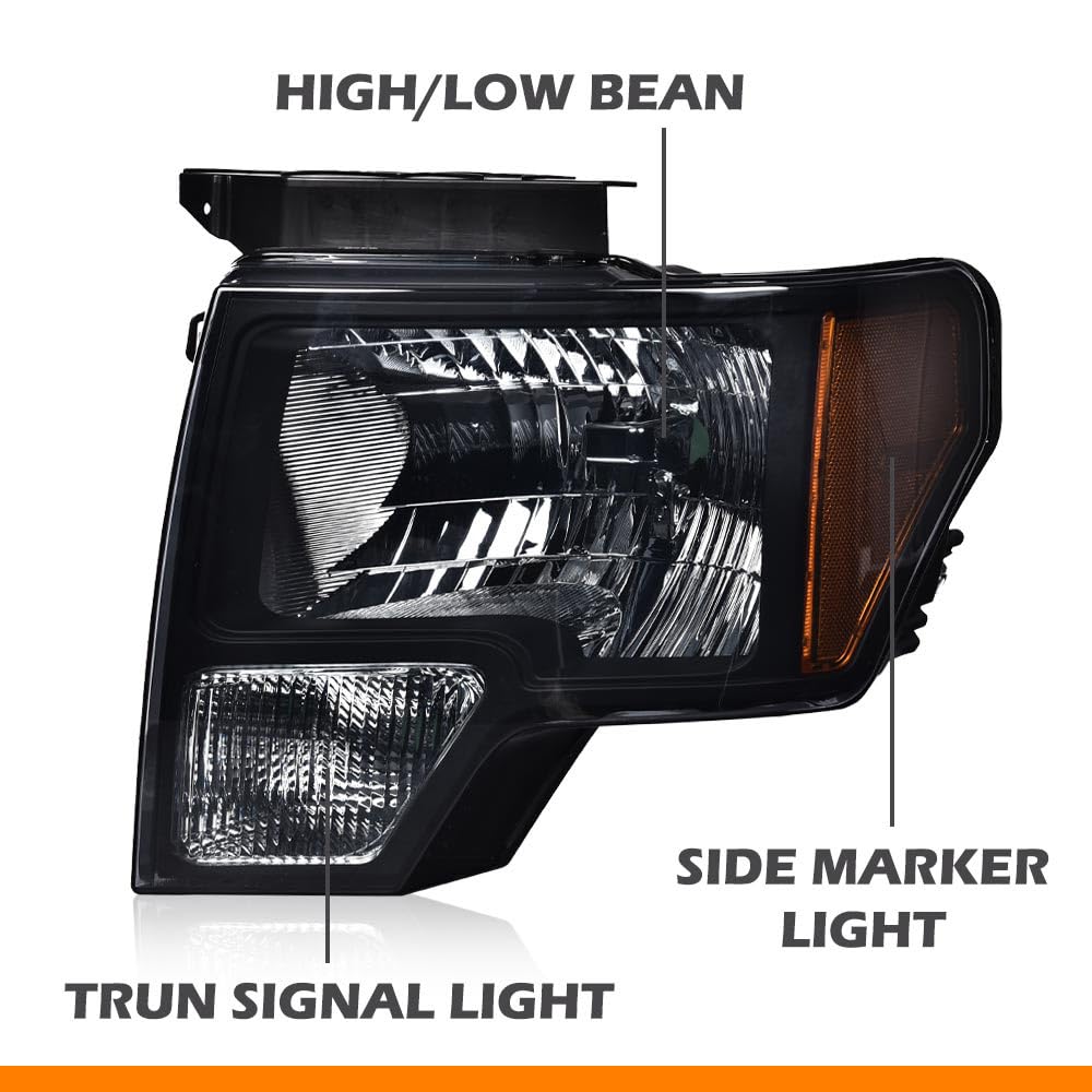 G-PLUS Left + Right Headlights Assembly & Tail Lights Compatible with 2009-2014 Ford F150 2/4 Door Not Fit LED Style (Smoky Lens Black Housing Amber Reflector Headlights + Tail lights)