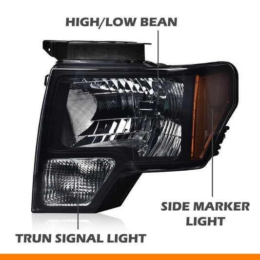 G-PLUS Left + Right Headlights Assembly & Tail Lights Compatible with 2009-2014 Ford F150 2/4 Door Not Fit LED Style (Smoky Lens Black Housing Amber Reflector Headlights + Tail lights)