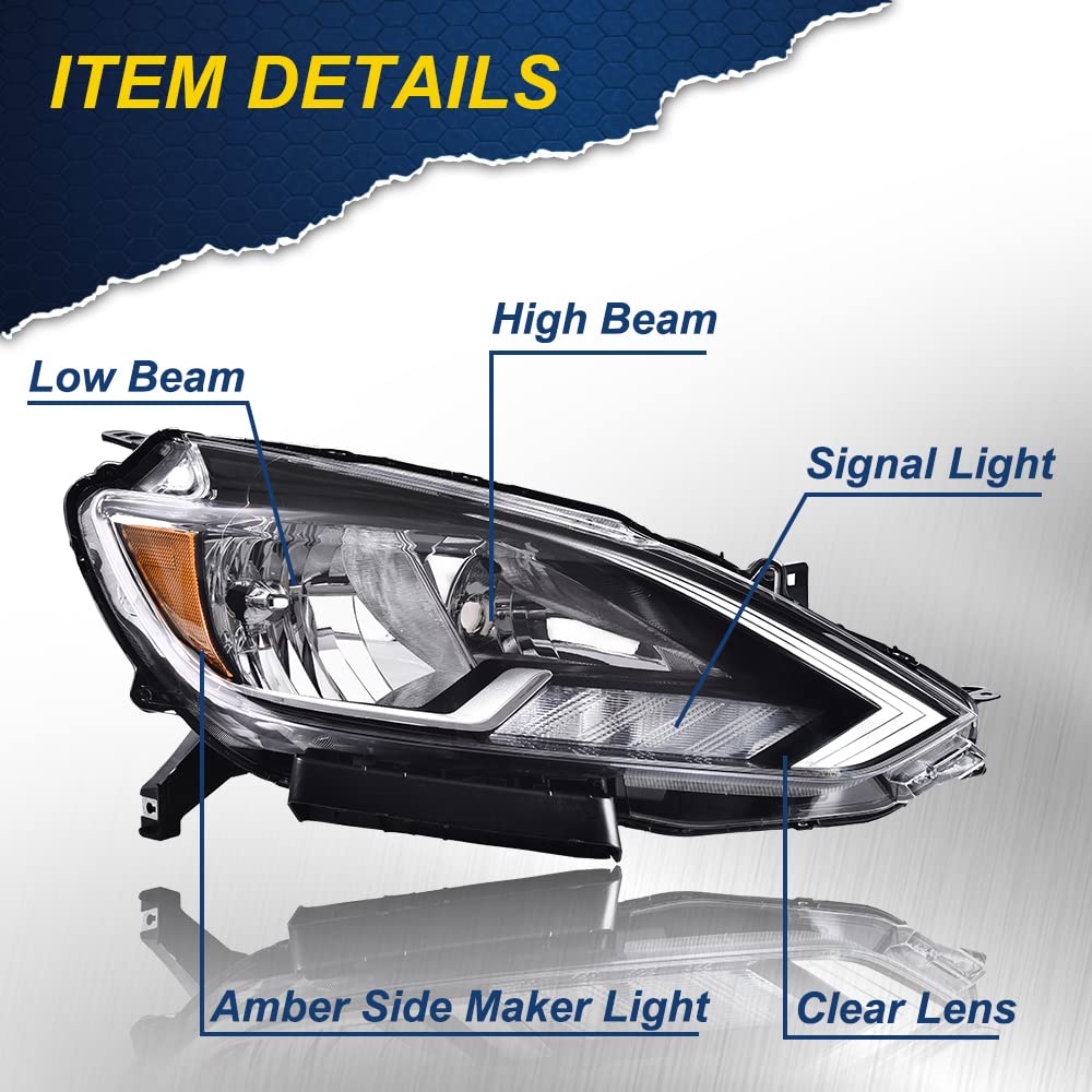 G-PLUS Headlights Assembly Fit 2016-2018 Nissan Sentra 4-Door Sedan S SL SR SV, (ONLY For Factory Halogen Models),Headlamps Black Housing, Passenger Side (Right),faros delanteros