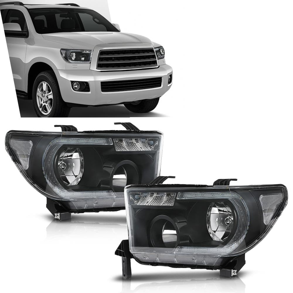 G-PLUS LED DRL Headlights Compatible with Toyota Tundra 2007-2013,Fit2008-2017 Toyota Sequoia Headlamps Assembly Clear Lens Black Housing Clear Reflector Left & Right,faros delanteros