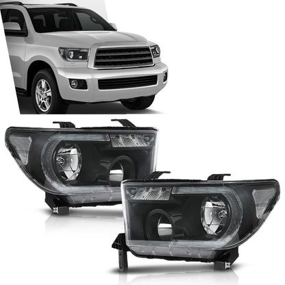 G-PLUS LED DRL Headlights Compatible with Toyota Tundra 2007-2013,Fit2008-2017 Toyota Sequoia Headlamps Assembly Clear Lens Black Housing Clear Reflector Left & Right,faros delanteros