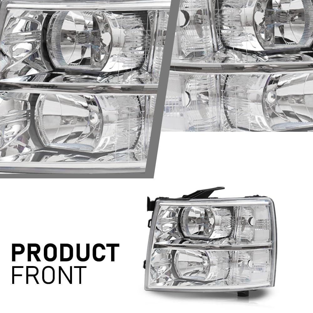 G-PLUS Headlights Assembly Fit Chevy Silverado 1500 2007-2013/Fit Silverado 2500 3500 & HD 2007-2014,NOT 07 Old Body Classic,Clear Lens Chrome Housing Clear ReflectorBumper Headlamps,faros delanteros