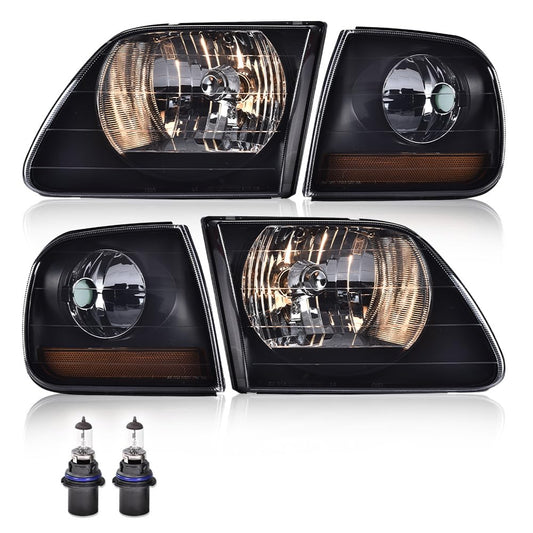 G-PLUS Headlights Assembly Compatible with Ford F150 1998-2003, Fit Ford Expedition 1997-2002 w/Corner Lamps Smoky Lens Black Housing Amber Reflector