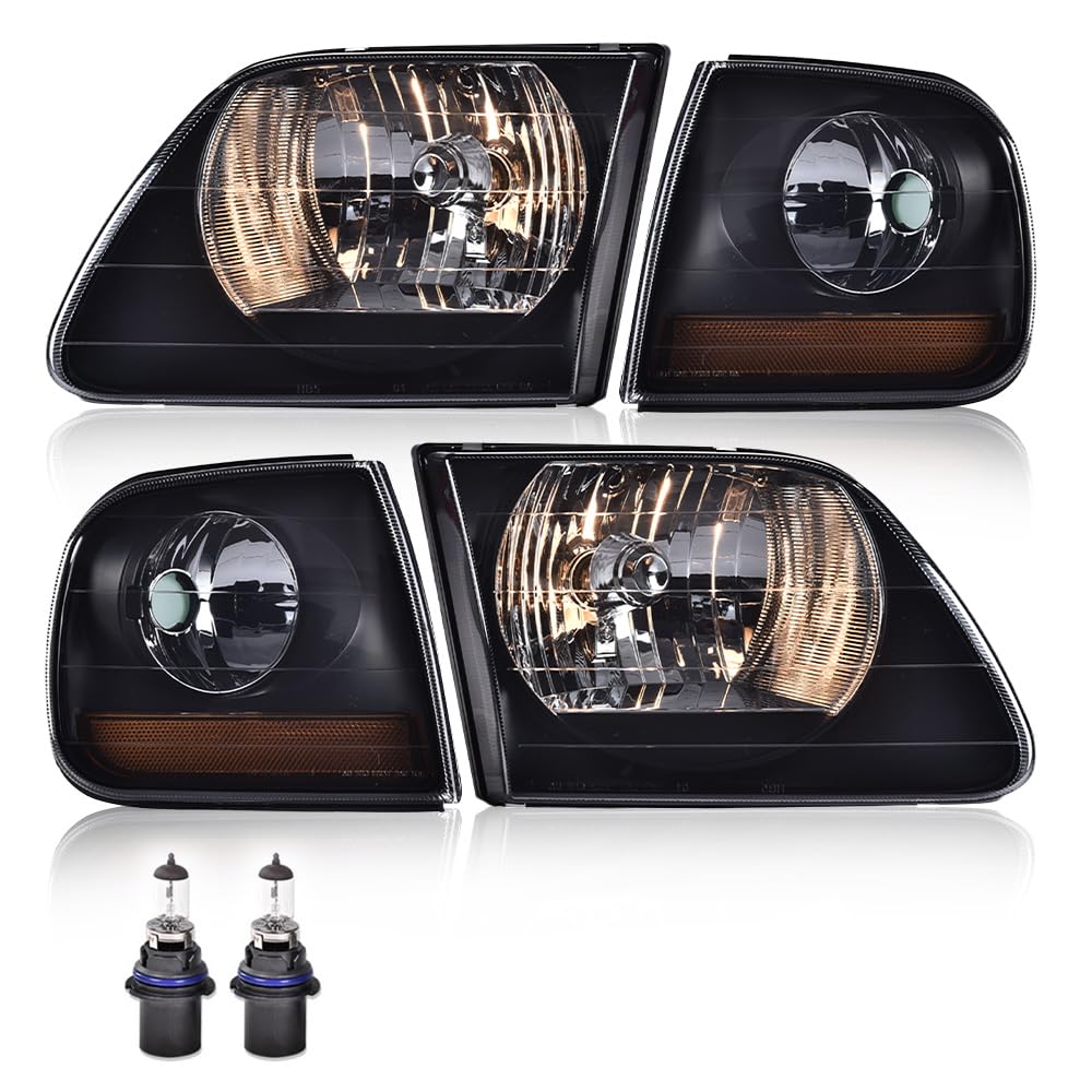 G-PLUS Headlights Compatible with Ford F150 1998-2003/Fit Ford Expedition 1997-2002/Fit F250 1998-1999 Truck Lightning Style w/Corner Lamps Smoky Lens Black Housing Amber Reflector