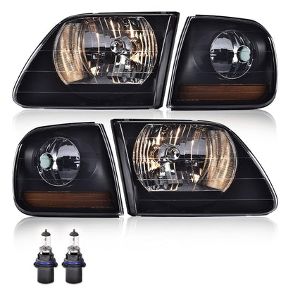 G-PLUS Headlights Compatible with Ford F150 1998-2003/Fit Ford Expedition 1997-2002/Fit F250 1998-1999 Truck Lightning Style w/Corner Lamps Smoky Lens Black Housing Amber Reflector