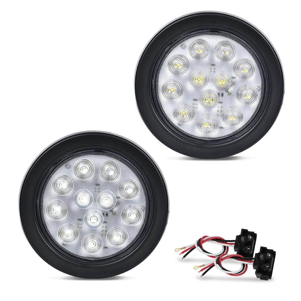 G-PLUS 4 Inch Round 12 LED Reverse Backup Tail Lights 2pcs Clear Lens Truck Trailer Lamp Universal Compatible with Trucks Trailers Tractors Semi-Trailer Dump Truck Bus Boat