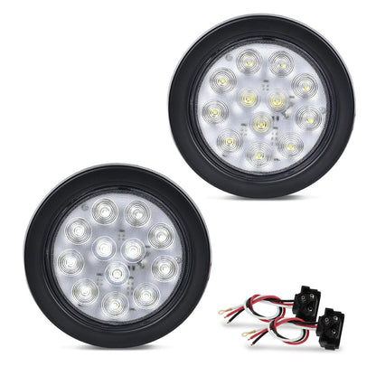 G-PLUS 4 Inch Round 12 LED Reverse Backup Tail Lights 2pcs Clear Lens Truck Trailer Lamp Universal Compatible with Trucks Trailers Tractors Semi-Trailer Dump Truck Bus Boat