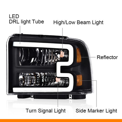 G-PLUS LED DRL Headlights, Compatible with 2005 2006 2007 Ford F250 F350 F450 F550 Super Duty Bumper Headlamps, Clear Lens Black Housing Amber Reflector